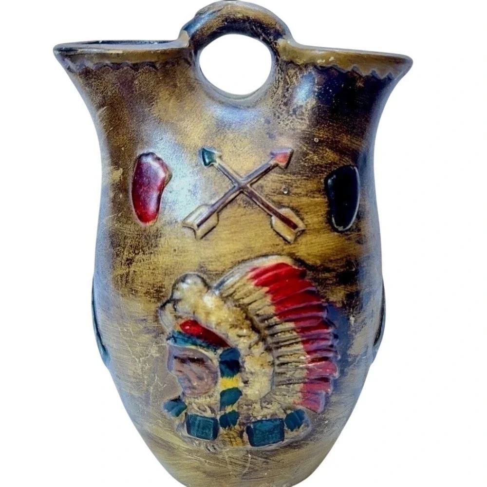 Vintage Native American Style Wedding Vase Chief‎ Embossed Ceramic Brown 8.5in